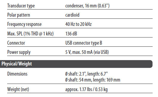 Behringer C1U specs