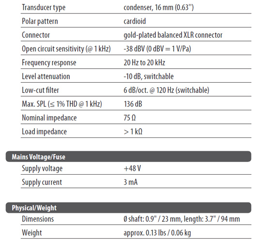 Behringer C1 specs